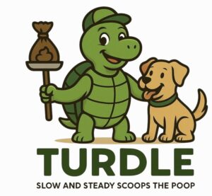 The image is a picture of Turdle the dog poop scooper and his happy dog. Turdle has just finished picking up poop and that made the friendly dog happy.